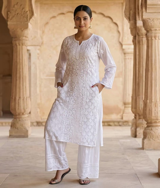 Resham Chikan Readymade Viscose Georgette Kurta White