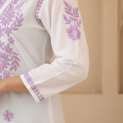 White Readymade Chikankari Long Kurta With Purple Embroidery