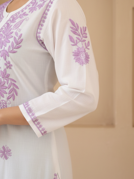 White Readymade Chikankari Long Kurta With Purple Embroidery