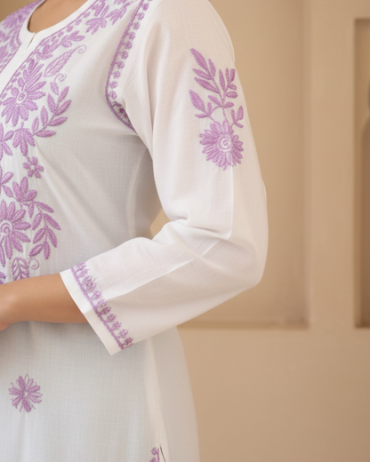 White Chikankari Long Kurta With Purple Embroidery.