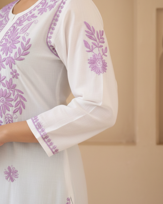 White Chikankari Long Kurta With Purple Embroidery.