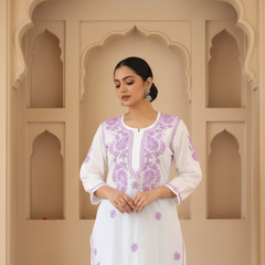 White Readymade Chikankari Long Kurta With Purple Embroidery