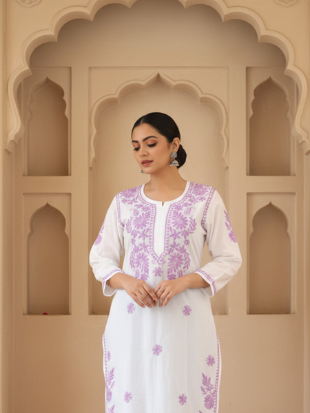 White Readymade Chikankari Long Kurta With Purple Embroidery