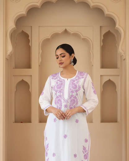 White Chikankari Long Kurta With Purple Embroidery.