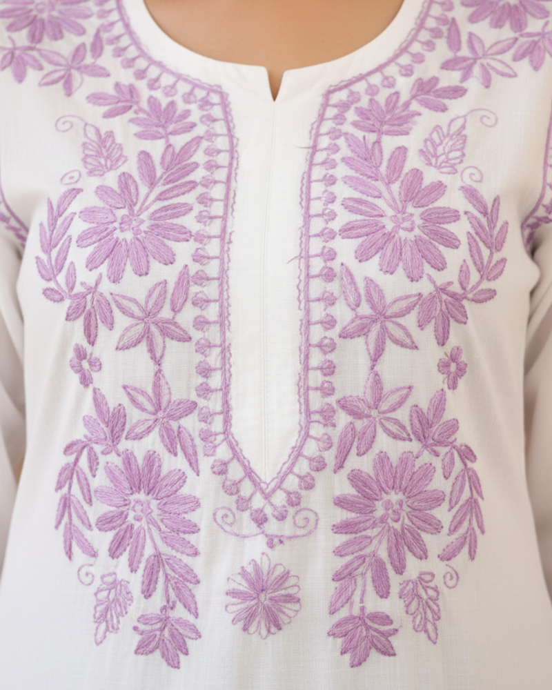 White Readymade Chikankari Long Kurta With Purple Embroidery