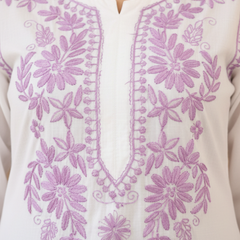 White Readymade Chikankari Long Kurta With Purple Embroidery
