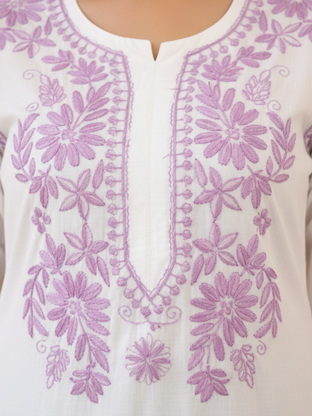 White Readymade Chikankari Long Kurta With Purple Embroidery