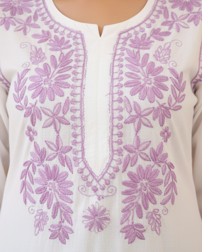White Chikankari Long Kurta With Purple Embroidery.