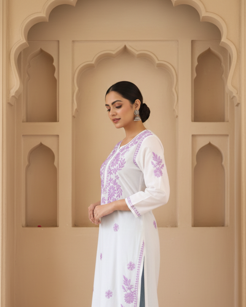 White Readymade Chikankari Long Kurta With Purple Embroidery