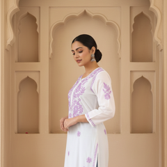 White Readymade Chikankari Long Kurta With Purple Embroidery