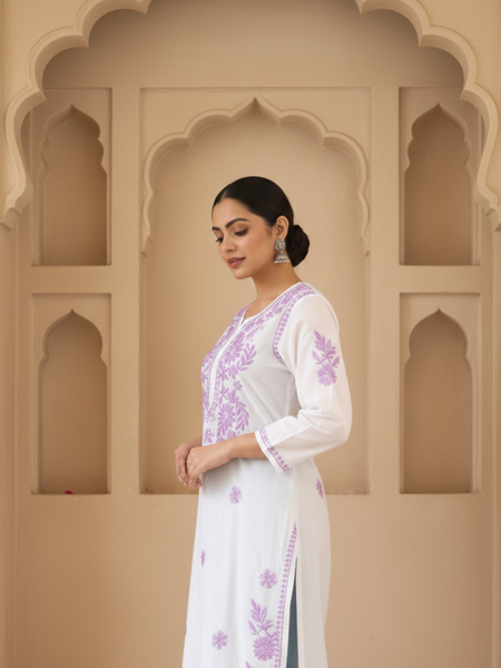 White Readymade Chikankari Long Kurta With Purple Embroidery