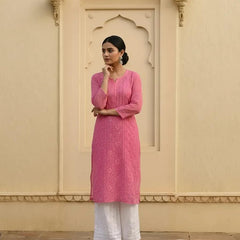 Resham Readymade Viscose Georgette Kurta In Rose Pink Color