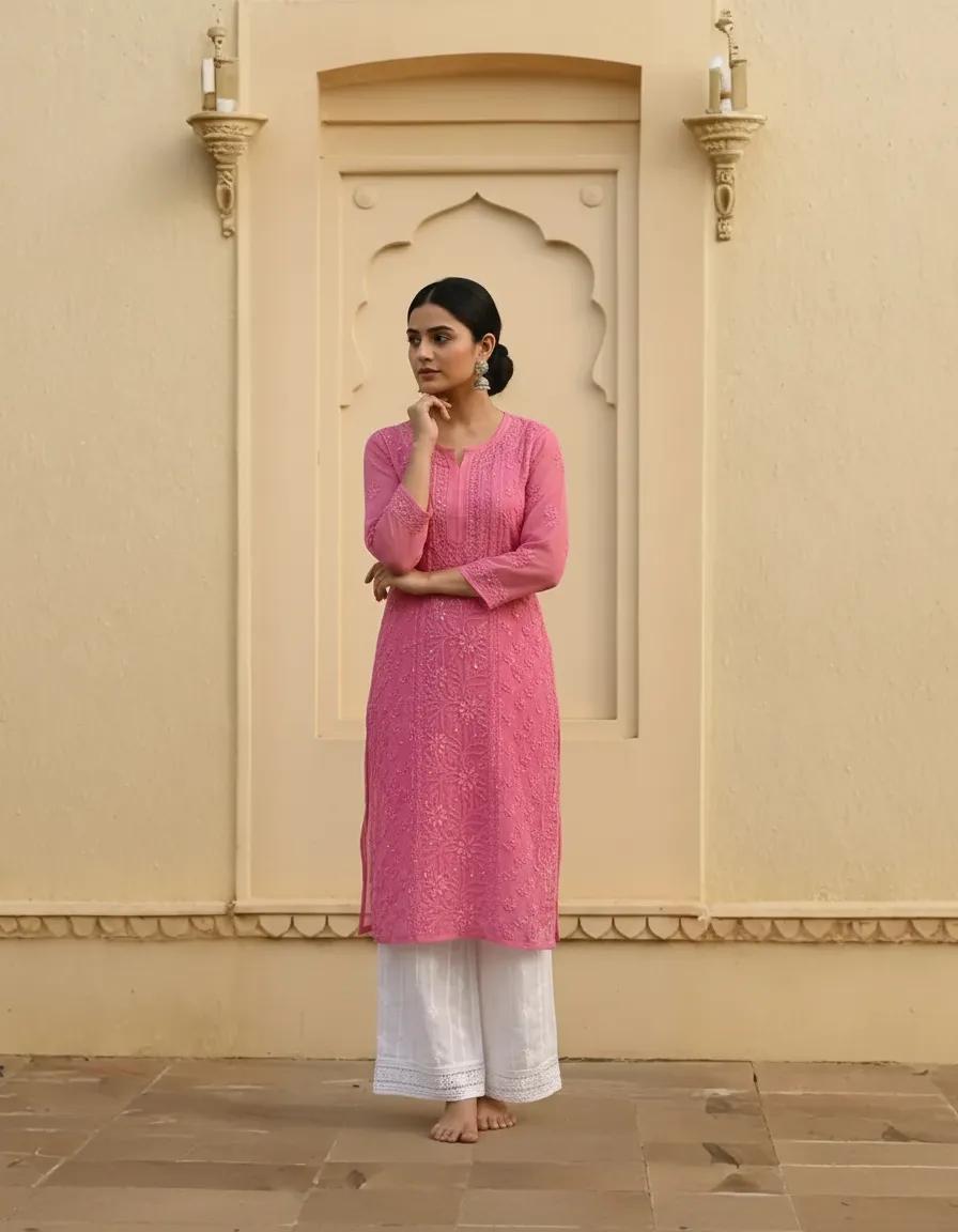 Resham Readymade Viscose Georgette Kurta In Rose Pink Color