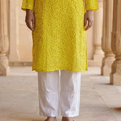 Resham Chikan Readymade Viscose Georgette Kurta Yellow
