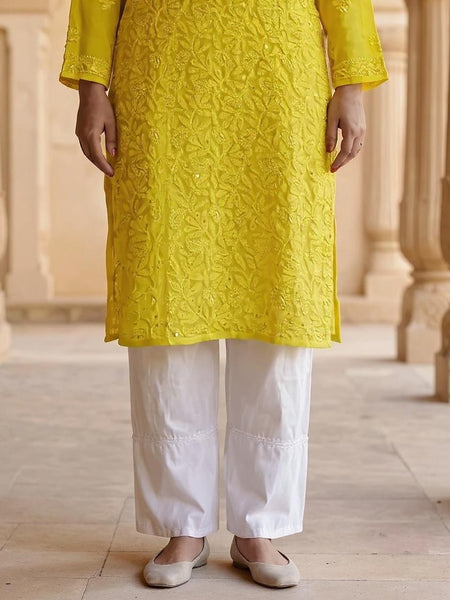 Resham Chikan Readymade Viscose Georgette Kurta Yellow