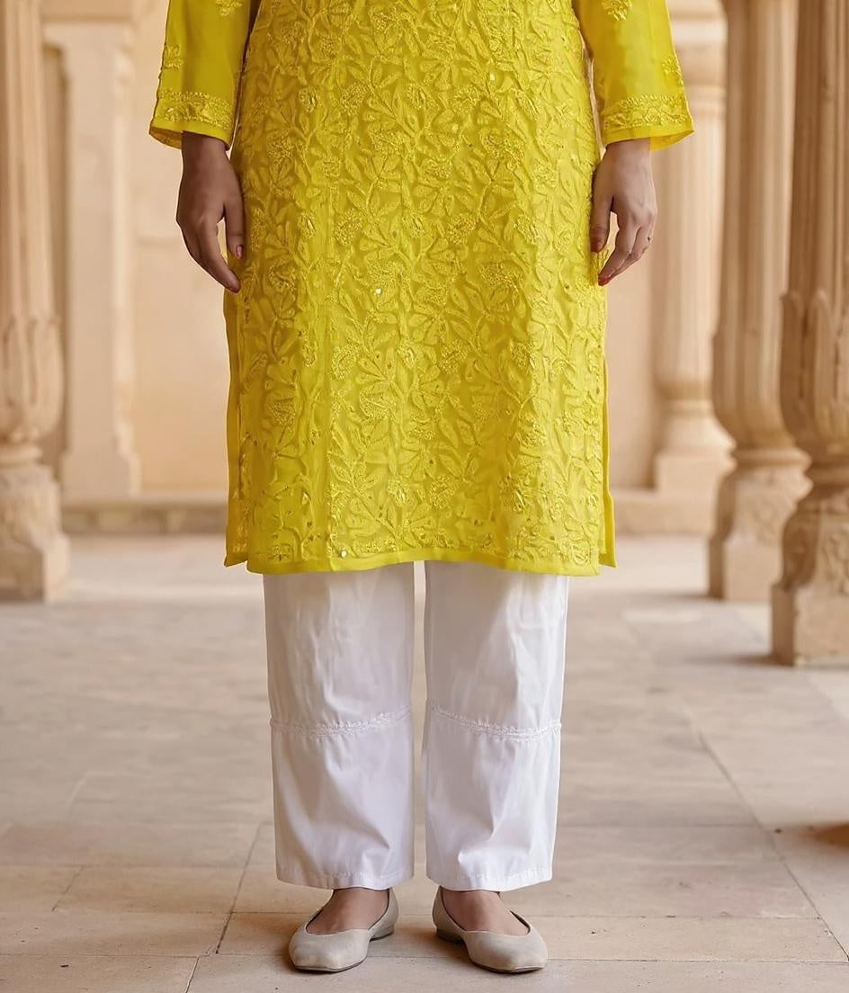Resham Chikan Readymade Viscose Georgette Kurta Yellow