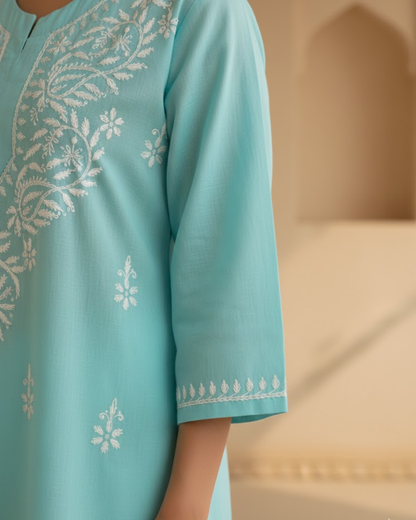 Sky Blue Cotton Short Kurti