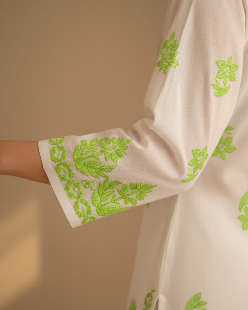 White and Light Green Embroidery Rayon Kurta