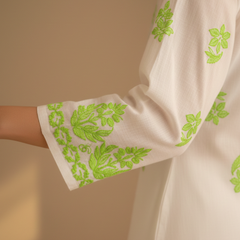 White and Light Green Embroidery Rayon Kurta