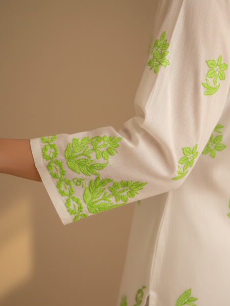 White and Light Green Embroidery Rayon Kurta