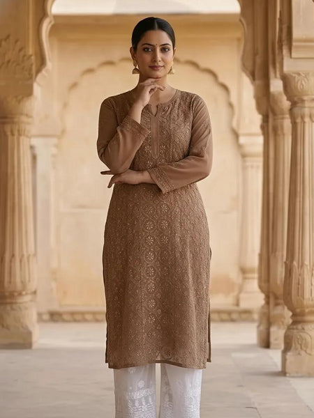 Resham Readymade Viscose Georgette Kurta In Tan Color
