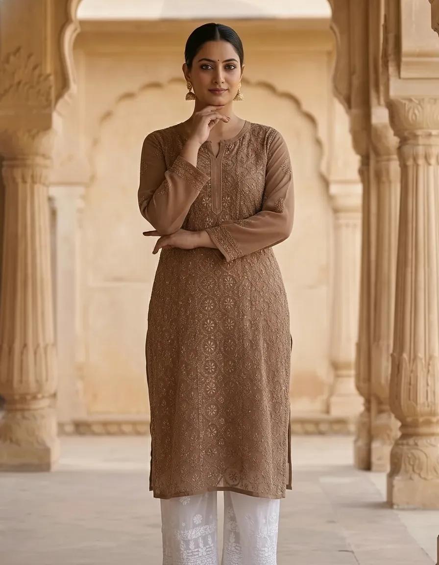 Resham Readymade Viscose Georgette Kurta In Tan Color