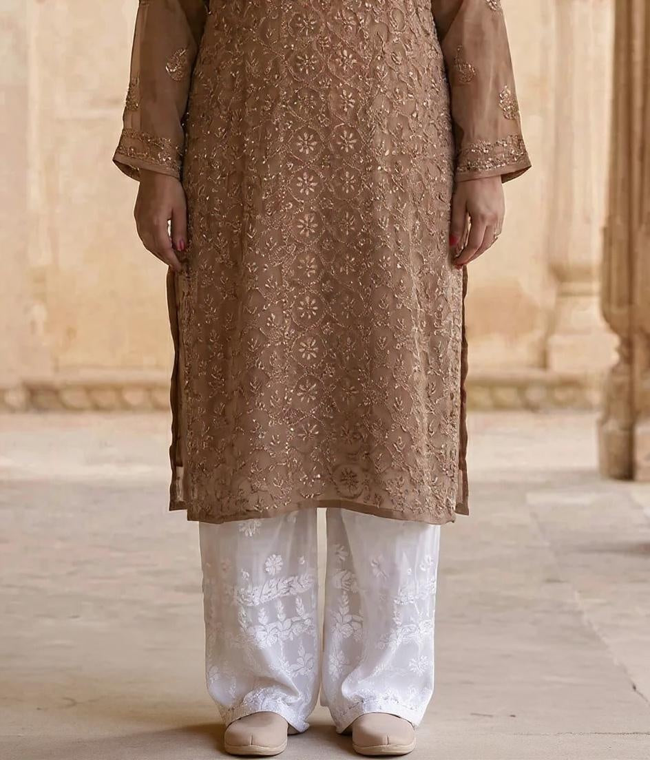 Resham Readymade Viscose Georgette Kurta In Tan Color