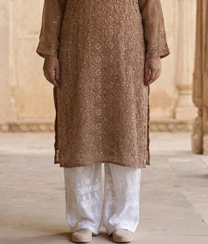 Resham Readymade Viscose Georgette Kurta In Tan Color