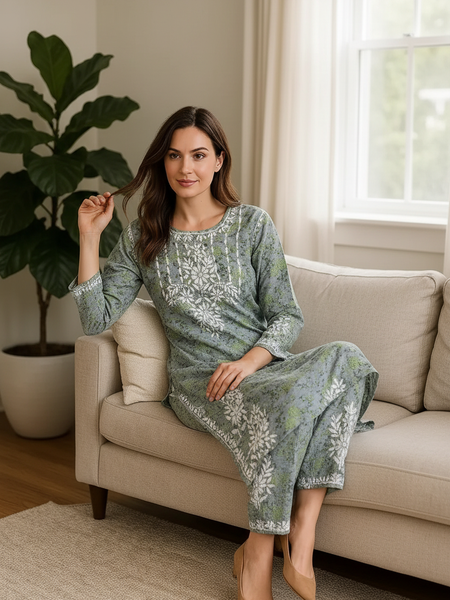 Green Mulmul Dori Sleeves Kurti Set