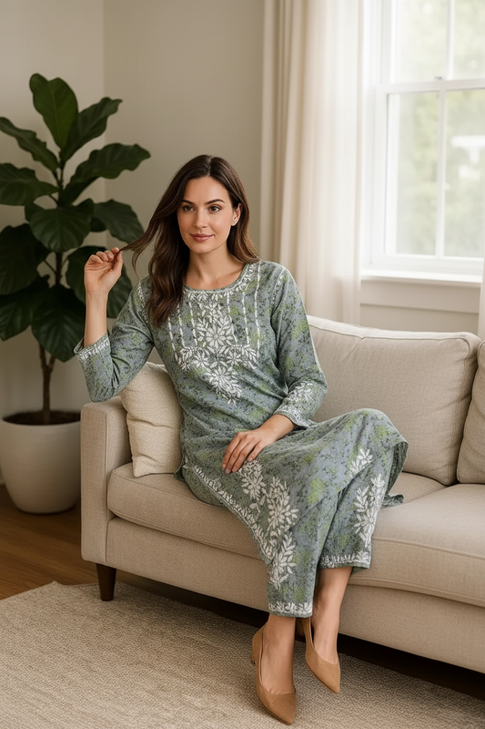 Green Mulmul Dori Sleeves Kurti Set