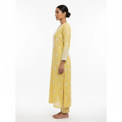 Yellow Chikankari Kota Unstitched Kurta with Pearl Work