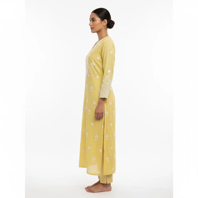 Yellow Chikankari Kota Unstitched Kurta with Pearl Work