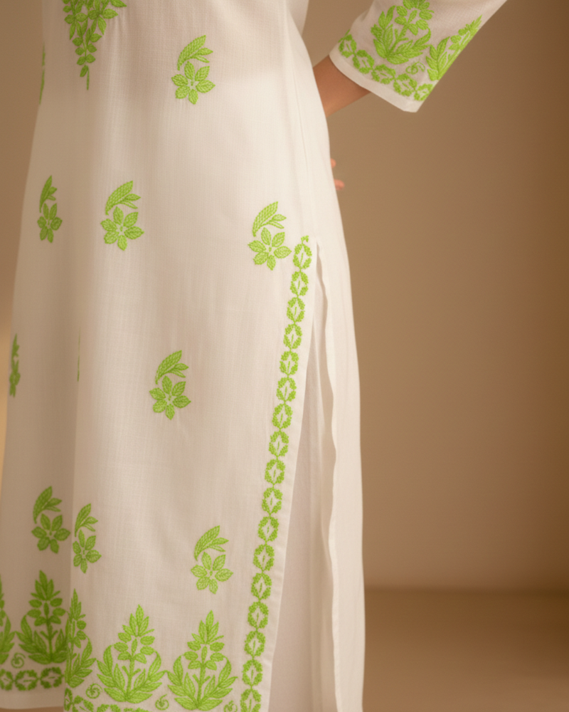 White and Light Green Embroidery Rayon Kurta