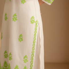 White and Light Green Embroidery Rayon Kurta
