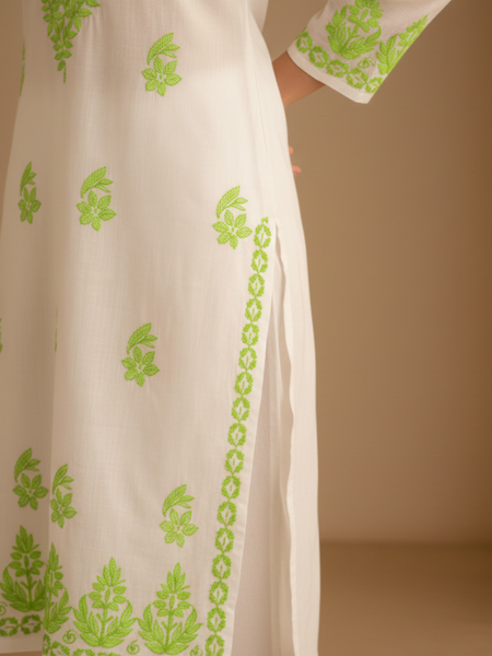 White and Light Green Embroidery Rayon Kurta