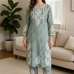 Green Mulmul Dori Sleeves Kurti Set