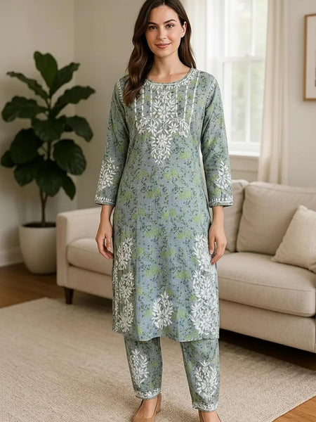 Green Mulmul Dori Sleeves Kurti Set