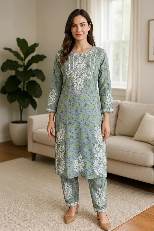 Green Mulmul Dori Sleeves Kurti Set