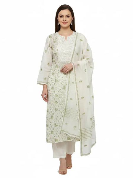 White Semistitched Mulchanderi Kurta Dupatta Set - Green Embroidered Kurta