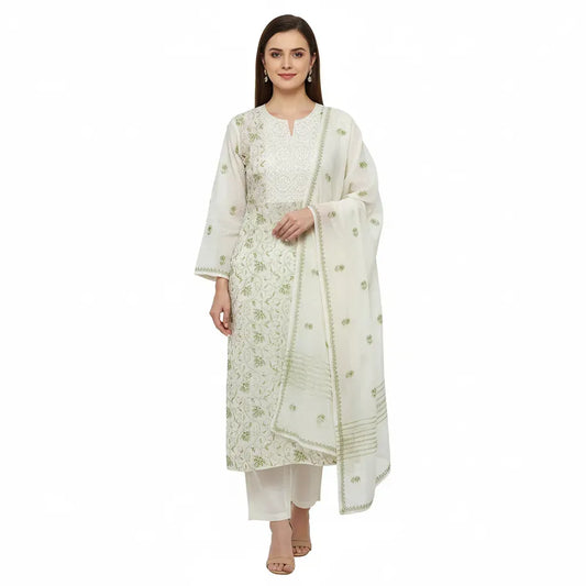White Semistitched Mulchanderi Kurta Dupatta Set - Green Embroidered Kurta