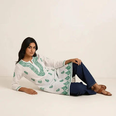 White with Dark Green Embroidery Rayon Long Kurti
