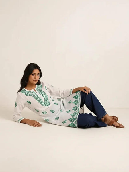 White with Dark Green Embroidery Rayon Long Kurti