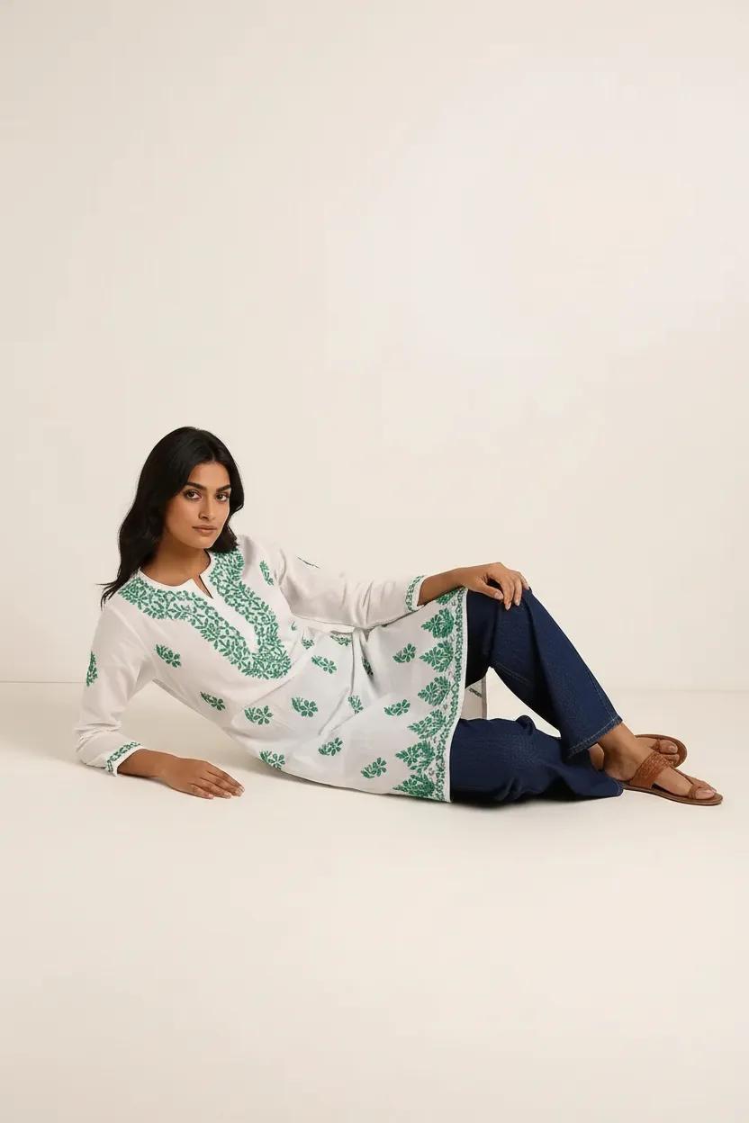 White with Dark Green Embroidery Rayon Long Kurti