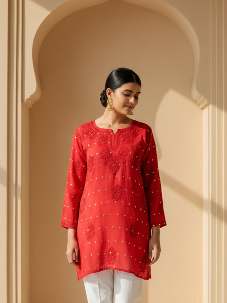 Heritage Scarlet Chanderi Red Short Kurti