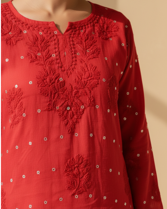 Heritage Scarlet Chanderi Red Short Kurti