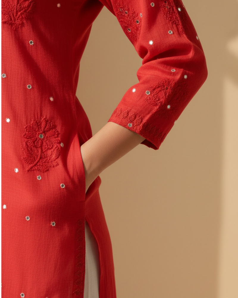 Heritage Scarlet Chanderi Red Short Kurti