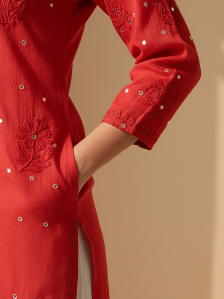 Heritage Scarlet Chanderi Red Short Kurti