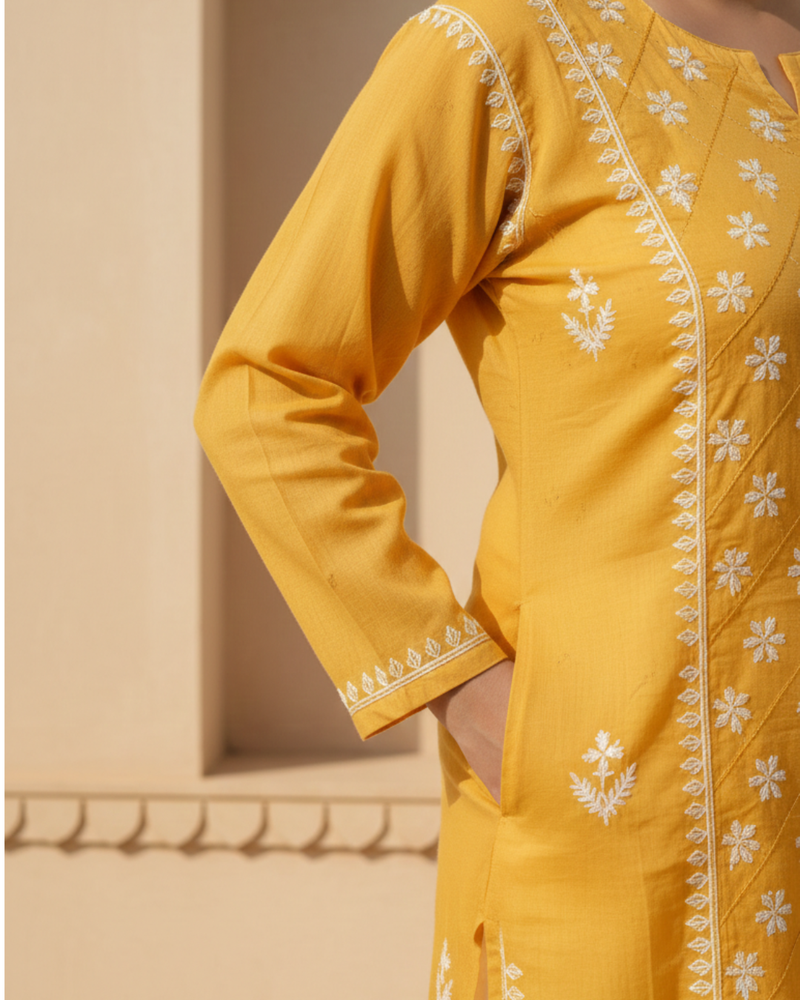 Yellow Readymade Cotton Kurta With Jaal