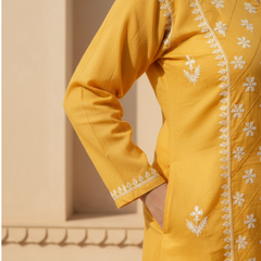 Yellow Readymade Cotton Kurta With Jaal