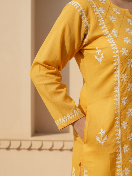 Yellow Readymade Cotton Kurta With Jaal